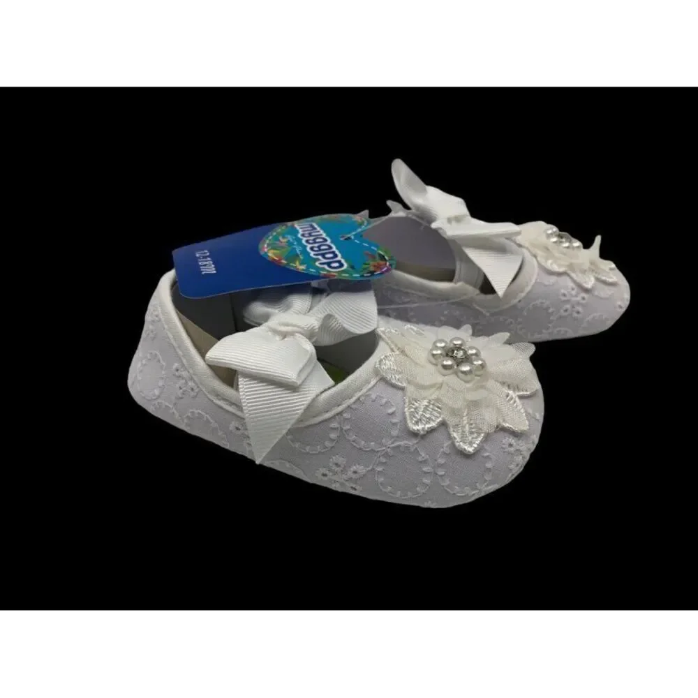 Myggpp Baby Girls Mary Jane Bowknot Eyelet‎ Floral Princess Soft Shoes 12-18 Mth